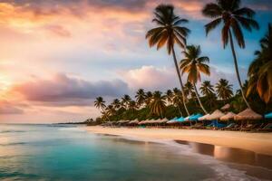 een strand met palm bomen en paraplu's Bij zonsondergang. ai-gegenereerd foto