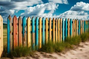 een kleurrijk houten hek met zand en gras. ai-gegenereerd foto