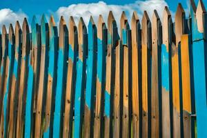 een houten hek met blauw en geel verf. ai-gegenereerd foto