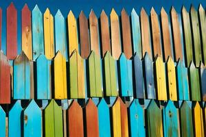 een kleurrijk hek gemaakt van houten palen. ai-gegenereerd foto