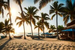 een strand met palm bomen en boten Aan de zand. ai-gegenereerd foto