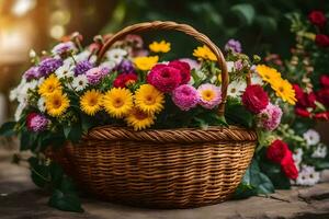 een mand vol van bloemen Aan een houten tafel. ai-gegenereerd foto