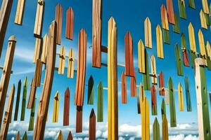 kleurrijk houten stokjes zijn hangende in de lucht. ai-gegenereerd foto