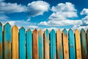 een houten hek met blauw en geel verf. ai-gegenereerd foto