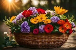 bloemen in een mand Aan de strand. ai-gegenereerd foto