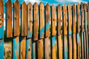 een houten hek met blauw verf Aan het. ai-gegenereerd foto