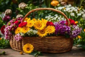 een mand vol van bloemen Aan een houten tafel. ai-gegenereerd foto