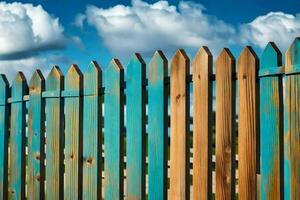 een houten hek met blauw verf Aan het. ai-gegenereerd foto