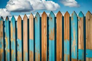 een houten hek met blauw verf Aan het. ai-gegenereerd foto