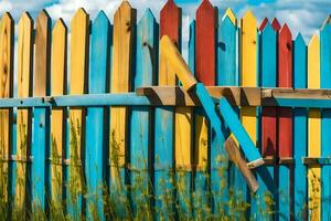 kleurrijk houten hek met blauw lucht in de achtergrond. ai-gegenereerd foto