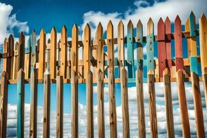 een houten hek met veel verschillend gekleurde houten posten. ai-gegenereerd foto