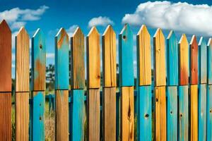 een kleurrijk houten hek met blauw lucht in de achtergrond. ai-gegenereerd foto