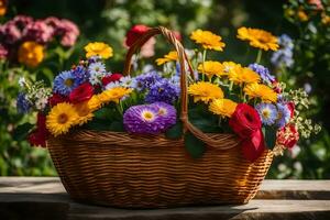 een mand vol van kleurrijk bloemen Aan een tafel. ai-gegenereerd foto