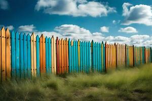 kleurrijk houten hek tegen een blauw lucht. ai-gegenereerd foto