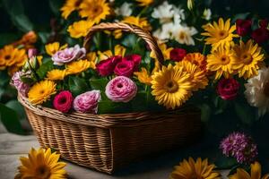 een mand gevulde met kleurrijk bloemen Aan een houten tafel. ai-gegenereerd foto