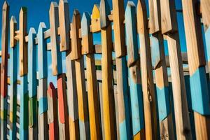 kleurrijk houten hek met blauw lucht achtergrond. ai-gegenereerd foto