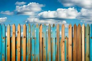 houten hek met blauw lucht en wolken. ai-gegenereerd foto