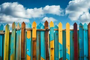 kleurrijk houten hek met blauw lucht en wolken. ai-gegenereerd foto