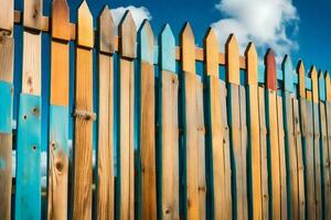 een houten hek met kleurrijk verf Aan het. ai-gegenereerd foto