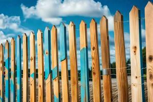 een houten hek met blauw en groen verf. ai-gegenereerd foto