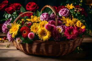 een mand gevulde met kleurrijk bloemen Aan een houten tafel. ai-gegenereerd foto