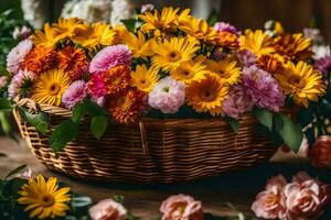 een mand gevulde met kleurrijk bloemen Aan een tafel. ai-gegenereerd foto