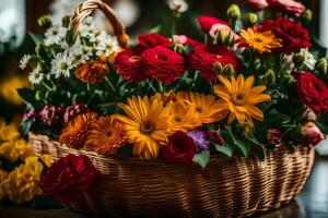 een mand gevulde met kleurrijk bloemen Aan een tafel. ai-gegenereerd foto