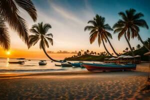 een boot zit Aan de strand Bij zonsondergang met palm bomen. ai-gegenereerd foto