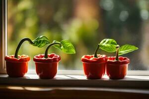 rood paprika's in potten Aan een venster dorpel. ai-gegenereerd foto