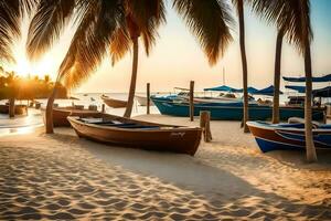 boten Aan de strand Bij zonsondergang. ai-gegenereerd foto