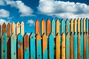 een houten hek met blauw lucht en wolken in de achtergrond. ai-gegenereerd foto