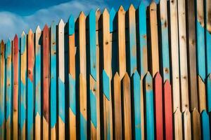 een kleurrijk hek met veel verschillend gekleurde houten posten. ai-gegenereerd foto