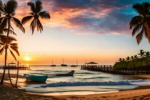 een mooi zonsondergang over- de oceaan met palm bomen en boten. ai-gegenereerd foto