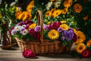 een mand gevulde met kleurrijk bloemen Aan een tafel. ai-gegenereerd foto