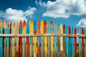een kleurrijk houten hek met blauw lucht en wolken. ai-gegenereerd foto