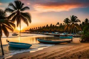 boten Aan de strand Bij zonsondergang met palm bomen. ai-gegenereerd foto