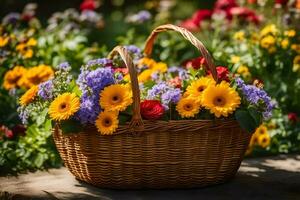 een mand vol van bloemen zittend Aan een steen. ai-gegenereerd foto