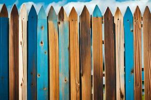 een houten hek met blauw en bruin verf. ai-gegenereerd foto