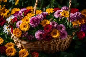 een mand gevulde met kleurrijk bloemen Aan een groen achtergrond. ai-gegenereerd foto