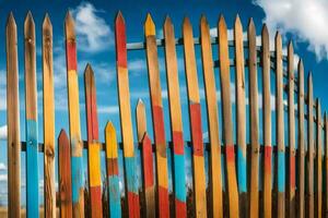 een hek gemaakt van kleurrijk houten stokken. ai-gegenereerd foto