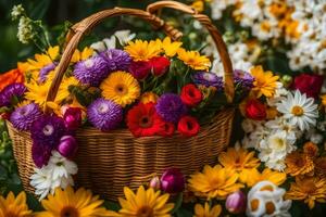 een mand vol van kleurrijk bloemen Aan een met gras begroeid veld. ai-gegenereerd foto