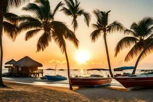 een boot zit Aan de strand Bij zonsondergang met palm bomen. ai-gegenereerd foto