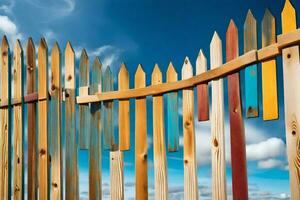 een houten hek met veel verschillend gekleurde palen. ai-gegenereerd foto