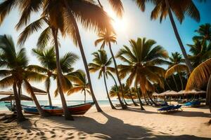 een strand met palm bomen en boten Aan de zand. ai-gegenereerd foto