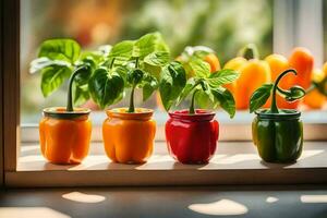 vijf kleurrijk paprika's in klein vazen Aan een venster dorpel. ai-gegenereerd foto