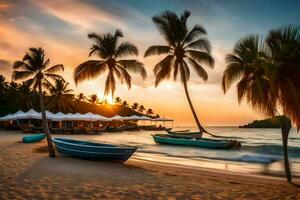 een strand met palm bomen en boten Bij zonsondergang. ai-gegenereerd foto