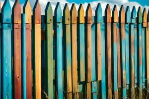 een kleurrijk hek met veel verschillend gekleurde posten. ai-gegenereerd foto
