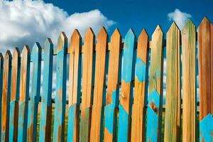 een houten hek met blauw, groen en rood verf. ai-gegenereerd foto
