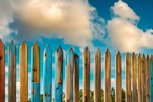 een houten hek met blauw lucht en wolken in de achtergrond. ai-gegenereerd foto