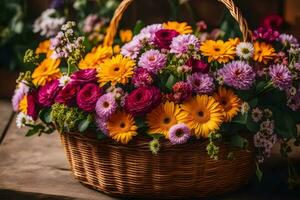 een mand gevulde met kleurrijk bloemen Aan een houten tafel. ai-gegenereerd foto